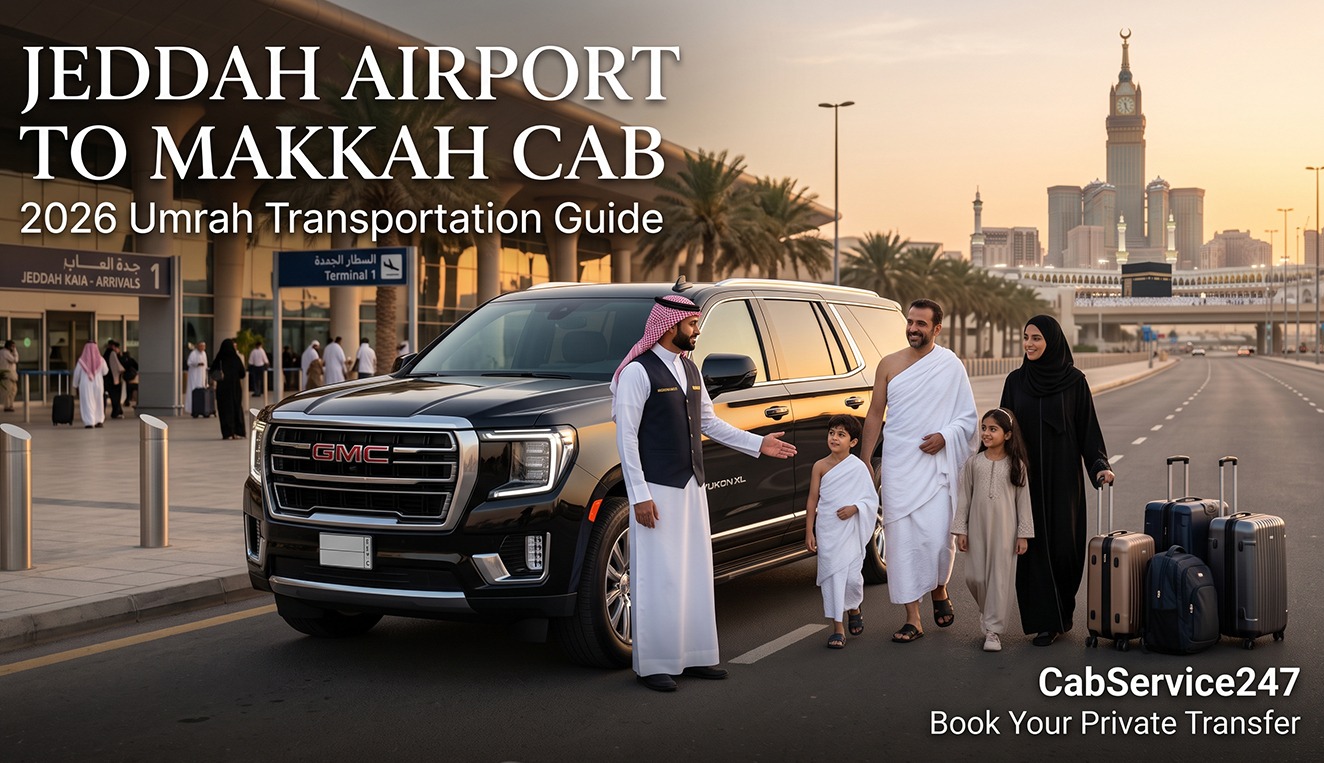 Book a reliable Jeddah Airport to Makkah cab with CabService247. Explore our 2026 Umrah transportation guide, private airport transfers, family travel tips and booking advice.